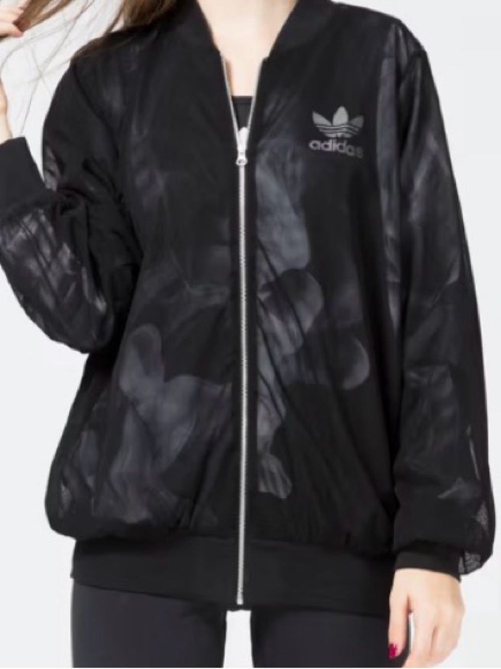 adidas x Rita Ora Black Women’s Bomber Jacket with Subtle Smoke Print